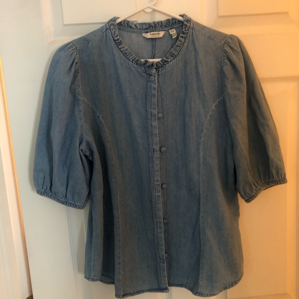 Chambray 100% Cotton Denim Puffy Button Up Blouse